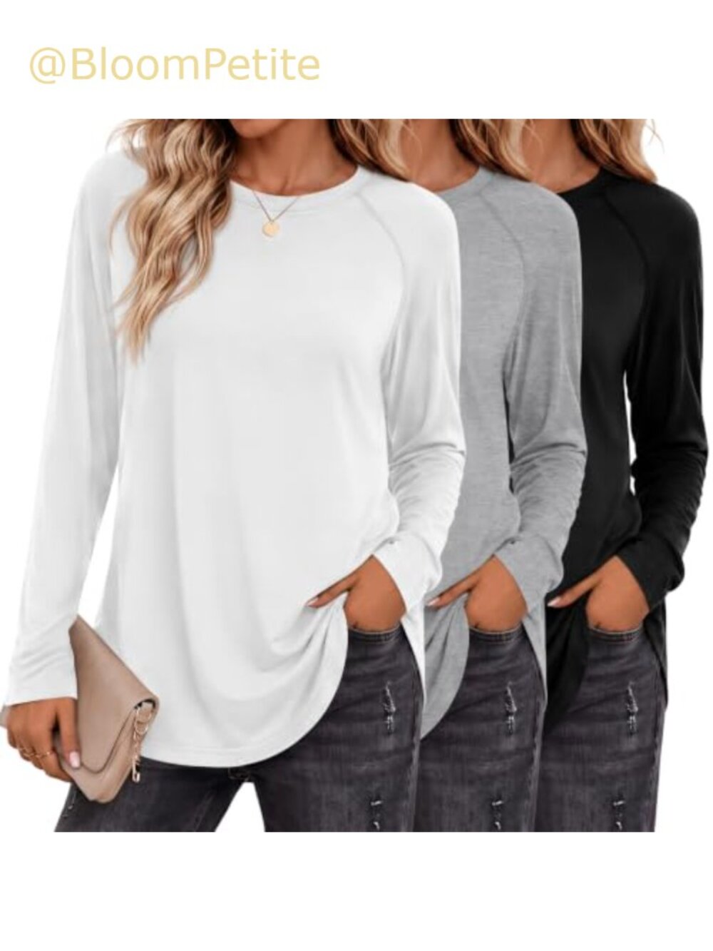 3 Pack Womens Raglan Long Sleeve Tunic Tops Crew Neck Loose Fit Shirts